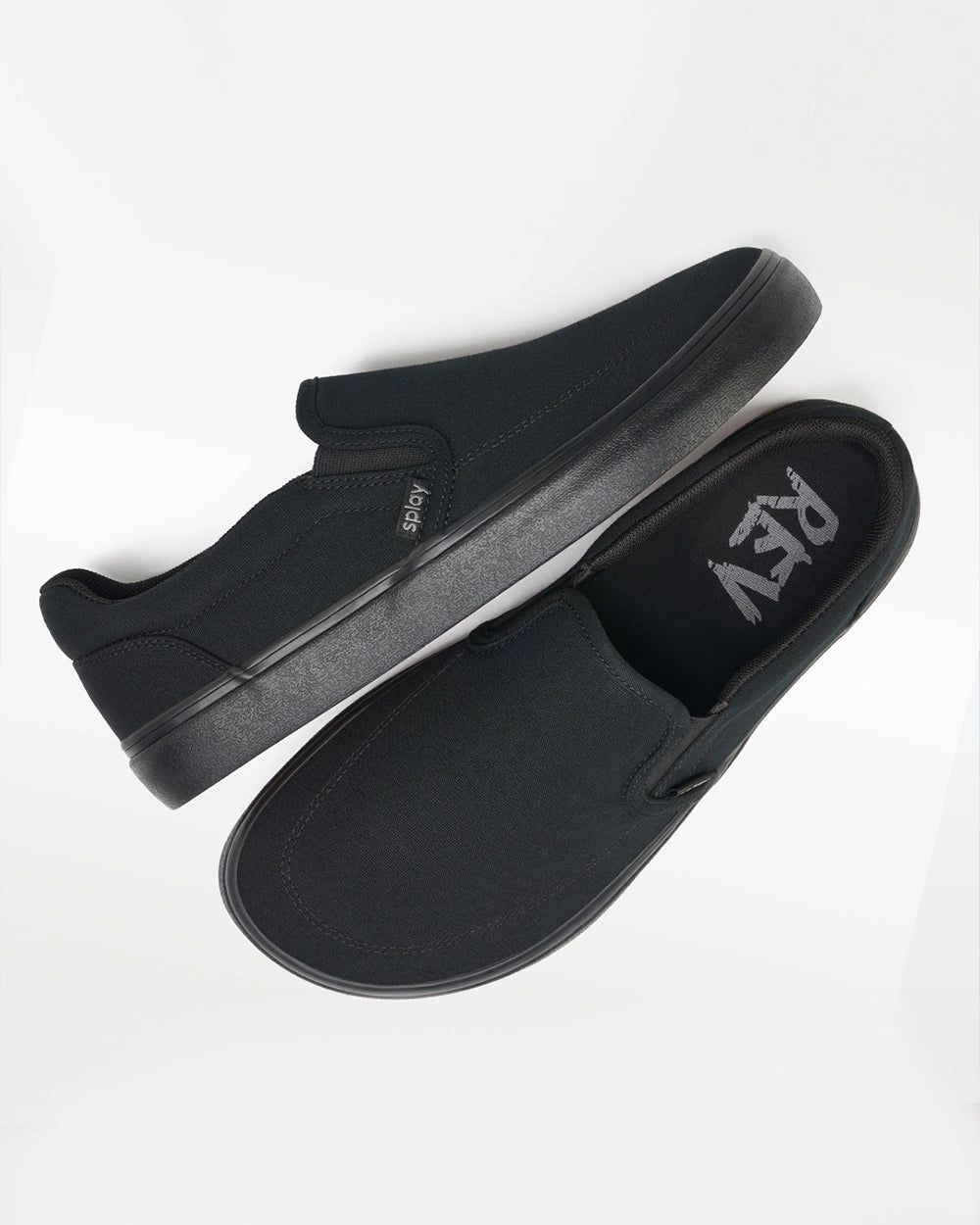 Pair of Splay REV SO New York black barefoot shoes, angled top view