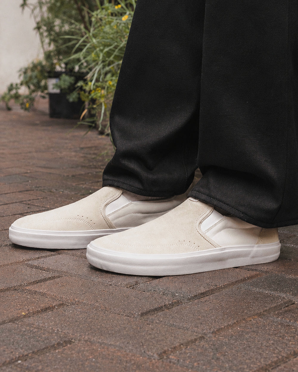 Splay REV SOS Osaka barefoot shoes — suede slip-on, lifestyle photo, the shoes shown in use outdoors