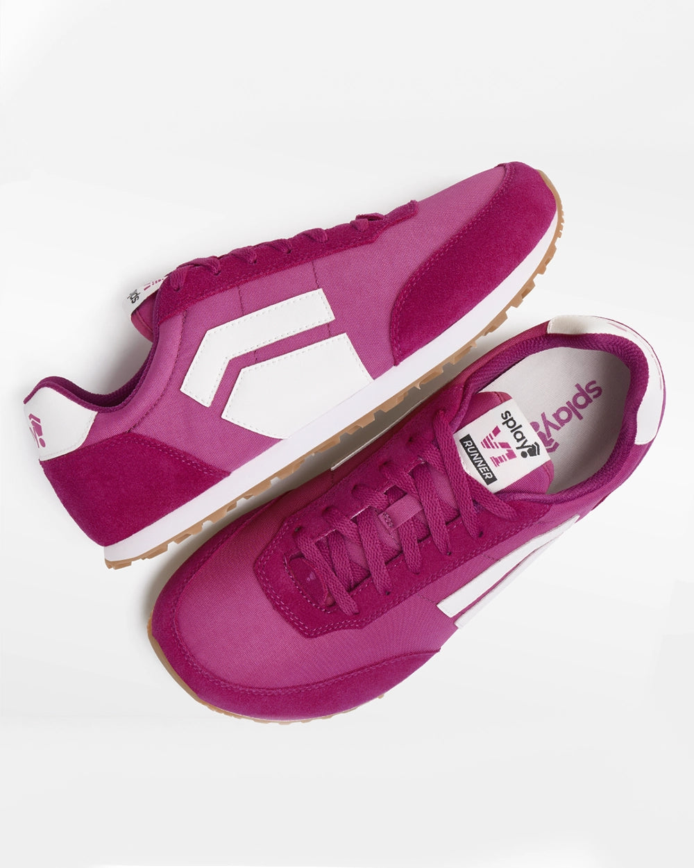 Pair of Splay RUNNER V1 Podium Pink ’26 barefoot running shoes, angled top view