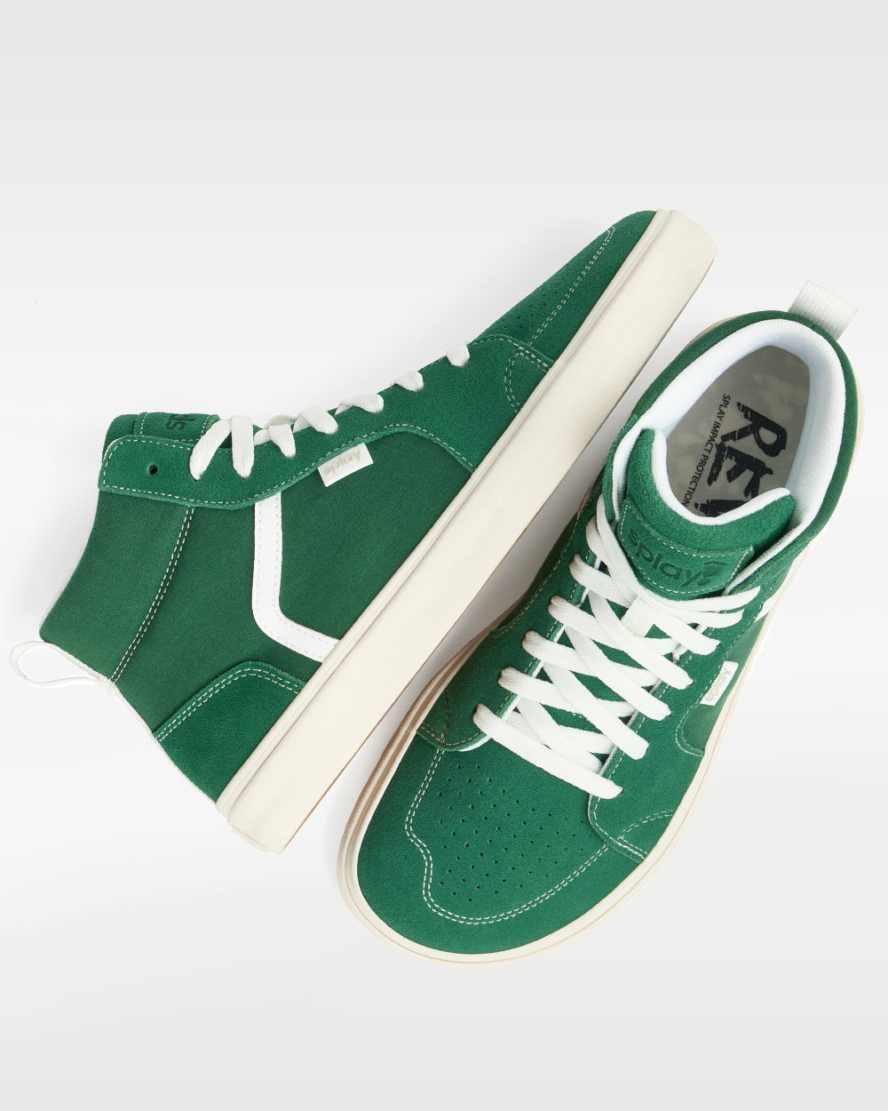 Splay REV HTS Portland barefoot shoes — high-top suede skate shoe, pair shot from above, one shoe tipped up to show the insole