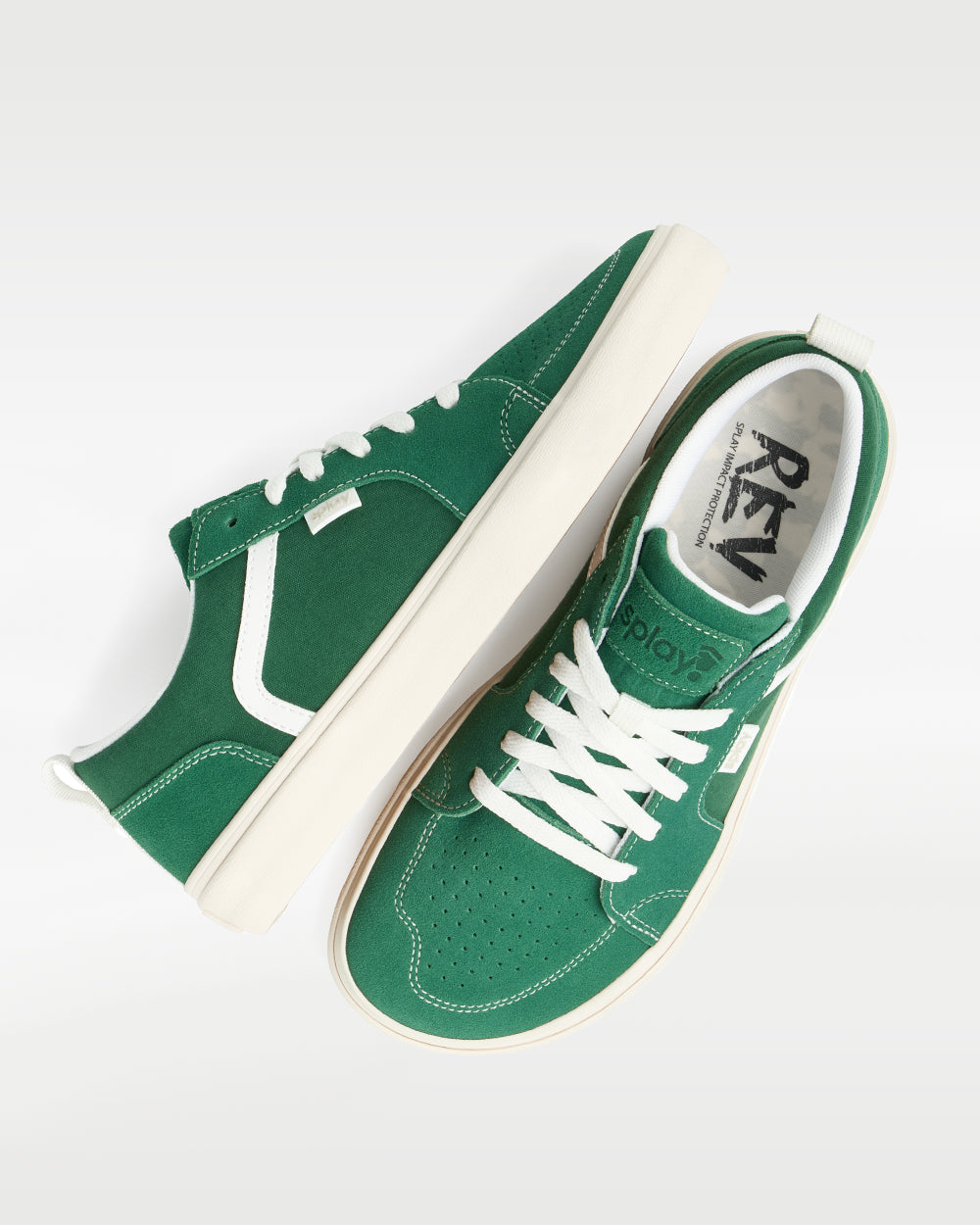 Splay REV LTS Portland barefoot shoes — low-top suede skate shoe, pair shot from above, one shoe tipped up to show the insole