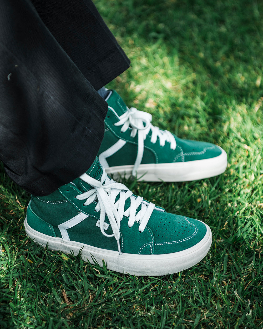 Splay REV HTS Portland barefoot shoes — high-top suede skate shoe, lifestyle photo, the shoes shown in use outdoors