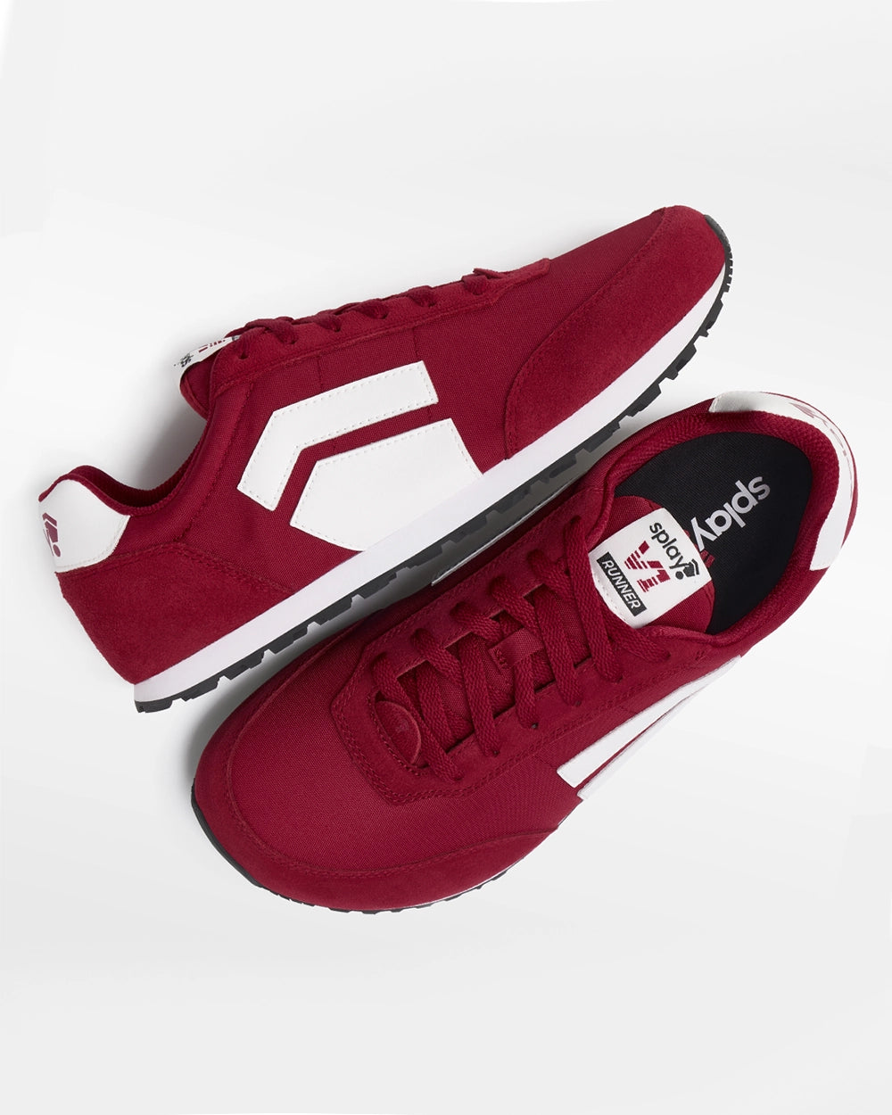 Pair of Splay RUNNER V1 Stadium Red ’26 barefoot running shoes, angled top view