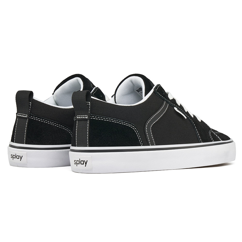 Back view of black REV LTS Los Angeles sneakers with heel pull tabs and “Splay” logo on the heel strip, on a white background.