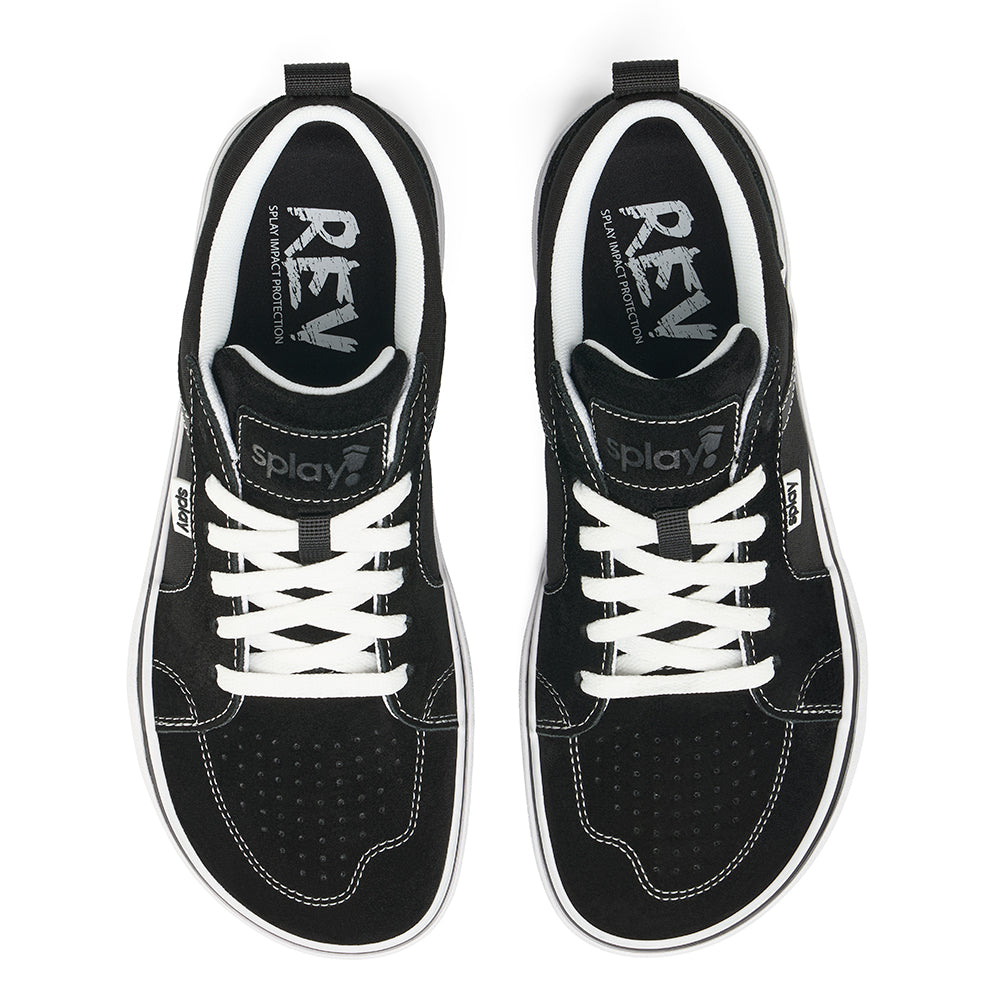Over a white background, the top-down view of black REV LTS Los Angeles sneakers. White stitching over black canvas, and “Splay” branding on the tongue and side label and the &quot;REV&quot; logo printed on the sockliner. White laces. 