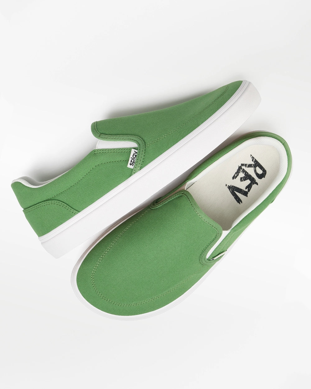 Pair of Splay REV SO Rio green barefoot shoes, angled top view
