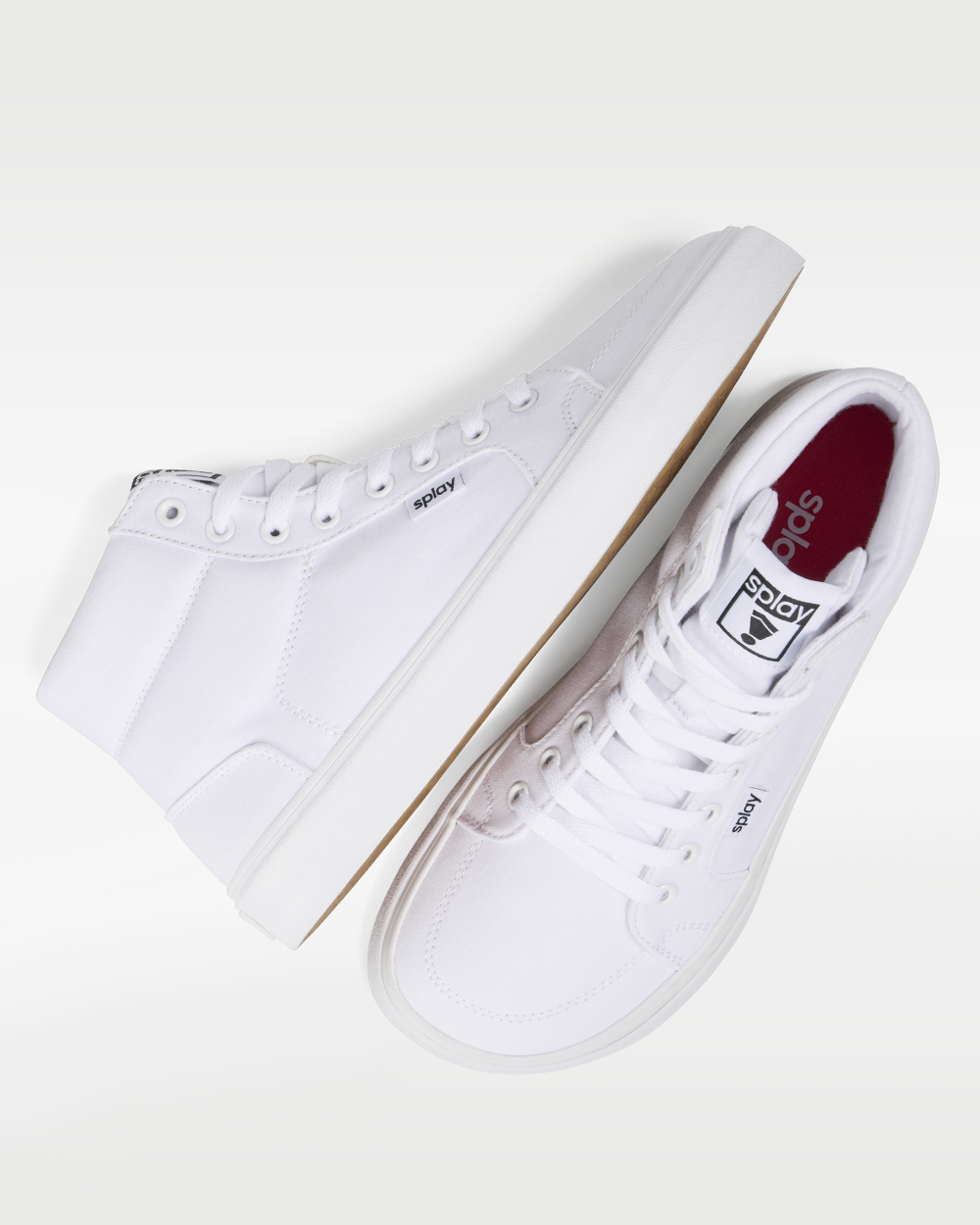 Splay REV HT Canvas Salt Lake barefoot shoes — high-top skate shoe, pair shot from above, one shoe tipped up to show the insole