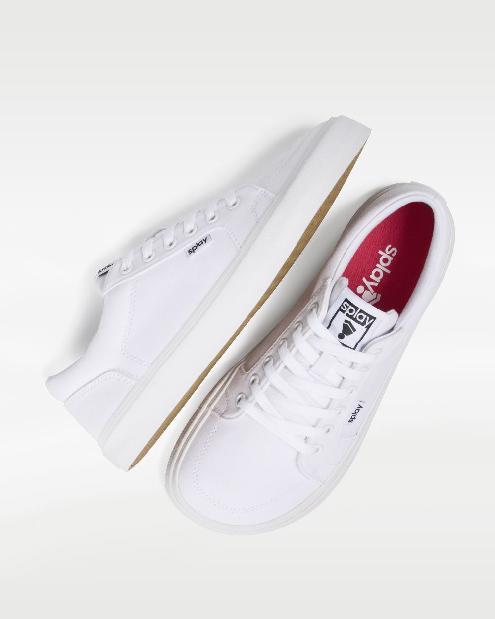 Splay REV LT Canvas Salt Lake barefoot shoes — low-top skate shoe, pair shot from above, one shoe tipped up to show the insole