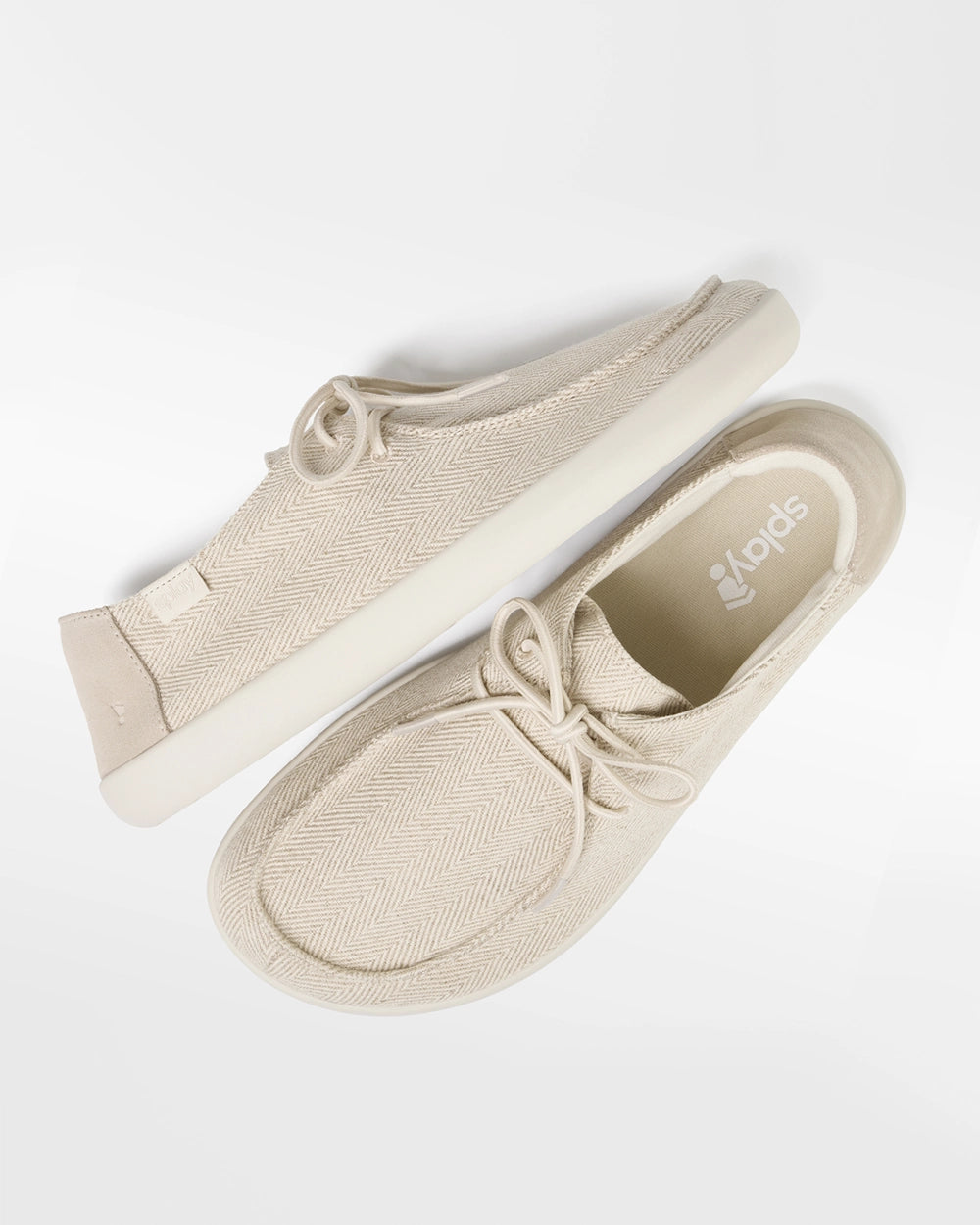 Pair of Splay WEEKENDER Sandbar hemp barefoot shoes, top view