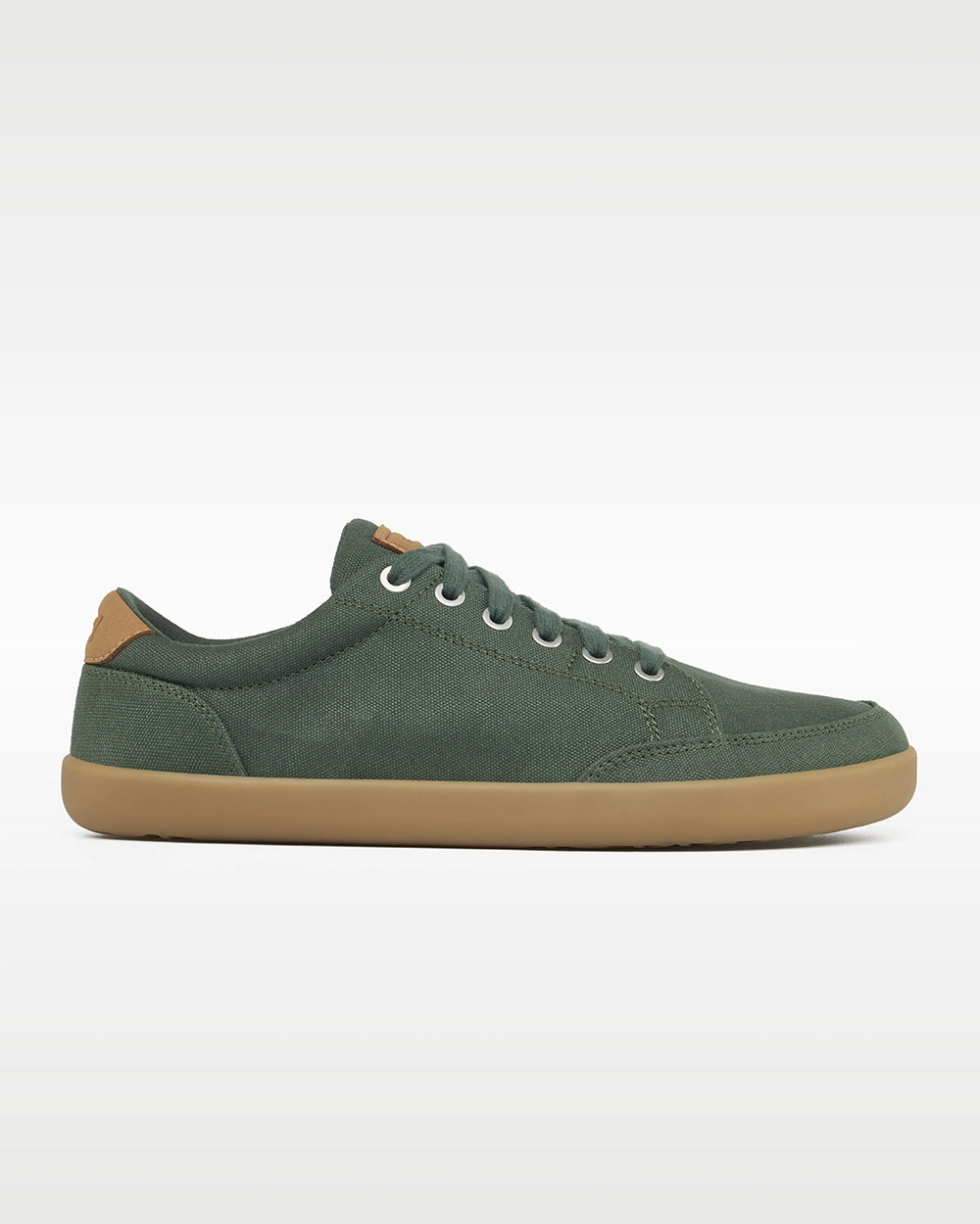 Side profile of the Splay FREESTYLE Spruce '26 green canvas barefoot sneaker with a gum outsole and tan heel accent.