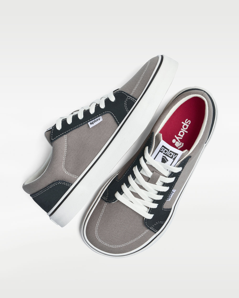 Splay REV LT Original Tokyo barefoot shoes — low-top skate shoe, pair shot from above, one shoe tipped up to show the insole