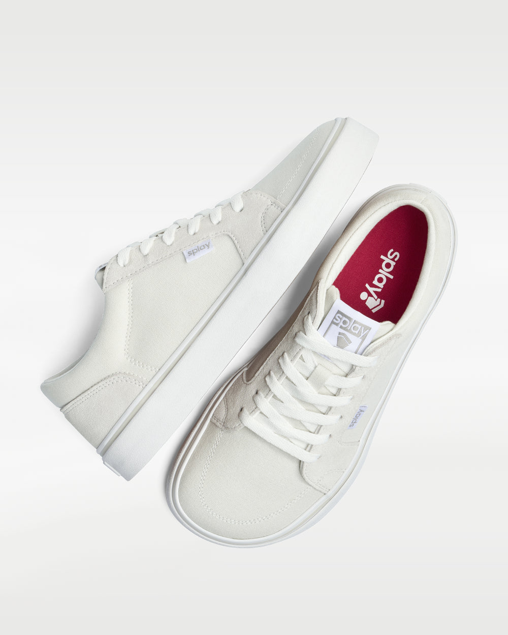 Splay REV LT Original Vienna barefoot shoes — low-top skate shoe, pair shot from above, one shoe tipped up to show the insole