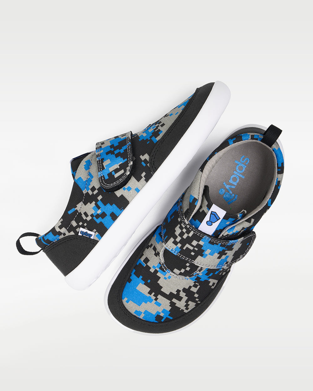 Splay Explore Wild Kids Digicam Blue barefoot shoes — kids' low-top shoe with a hook-and-loop strap, pair shot from above, one shoe tipped up to show the insole